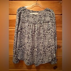 Loft Blouse Size S Blue, Light Peach And Cream Floral Print Buttons On Shoulders